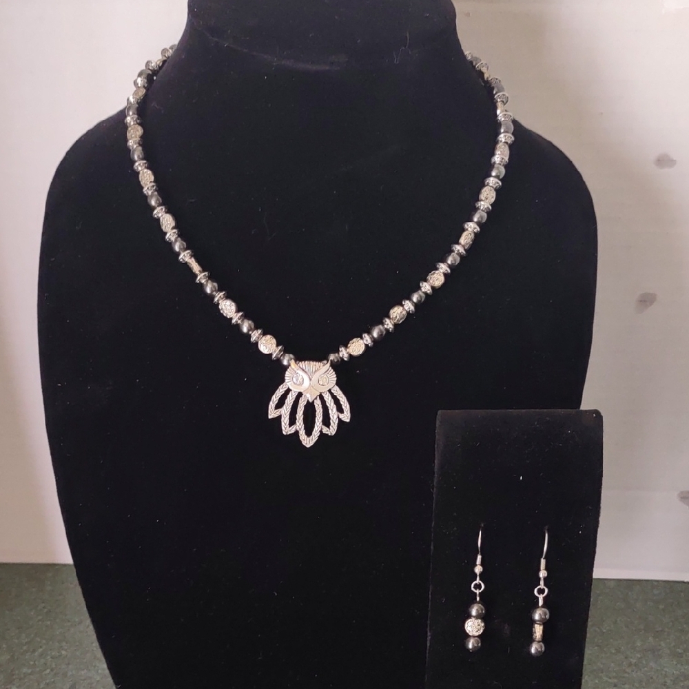 Chicos Sophisticated Silver Owl Necklace with Matching Earrings